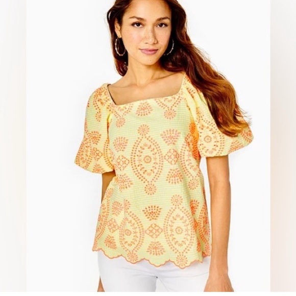 Lilly Pulitzer Smocked Ruffled Blouse in Yellow and Orange - Picture 1 of 13